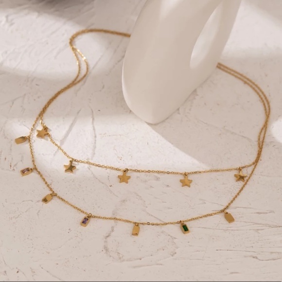 18K Gold Plated Stars and Cubic Zirconia Layered Charm Necklace - Picture 2 of 10